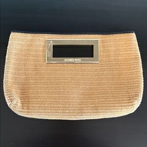 Michael Kors Natural Beige Straw Clutch with Gold Handle Accent